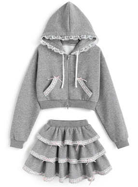 リボンレースパーカー×ティアードミニスカートスウェットセットアップ