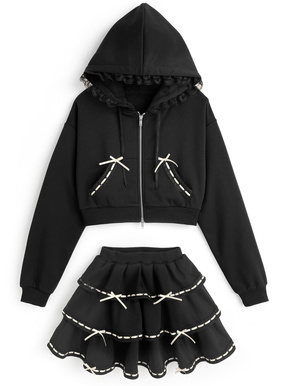 リボンレースパーカー×ティアードミニスカートスウェットセットアップ