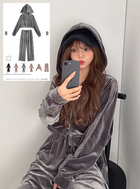 ベロアレースパーカー×ワイドパンツセットアップ