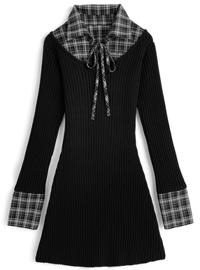 チェック柄ドッキングリブニットミニワンピース