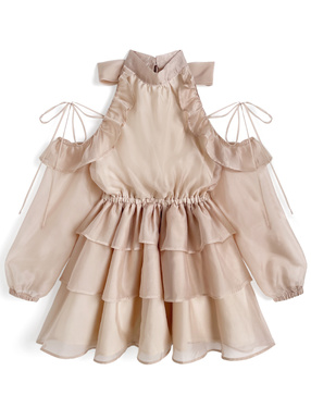 シアーショルダーオープンアメスリティアードミニワンピース