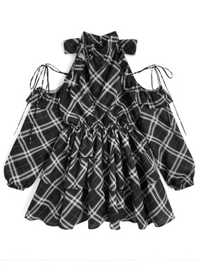 チェック柄ショルダーオープンアメスリティアードミニワンピース
