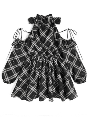 チェック柄ショルダーオープンアメスリティアードミニワンピース