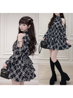 チェック柄ショルダーオープンアメスリティアードミニワンピース