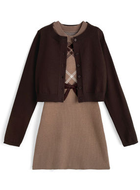 カーディガン×チェック柄ノースリーブミニワンピースニットセットアップ