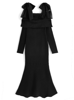 リボンシャギーオフショルダーリブニットワンピース