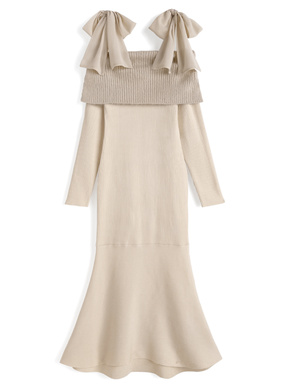 リボンシャギーオフショルダーリブニットワンピース