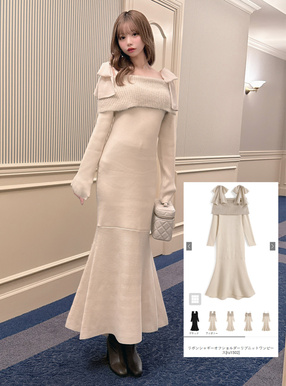 リボンシャギーオフショルダーリブニットワンピース