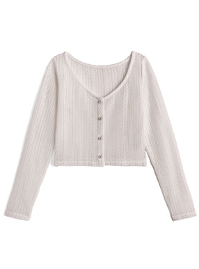 パールボタン透かし編みニットカーディガン
