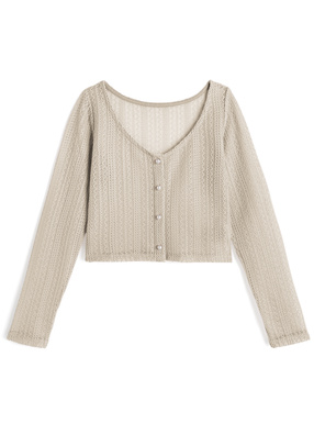 パールボタン透かし編みニットカーディガン