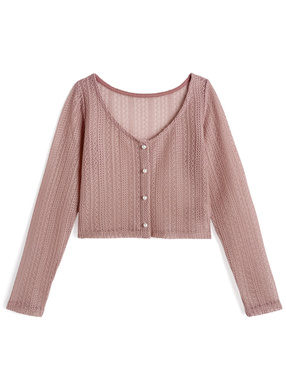 パールボタン透かし編みニットカーディガン