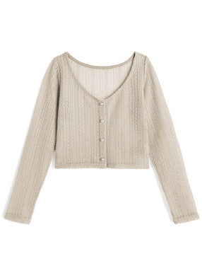 パールボタン透かし編みニットカーディガン