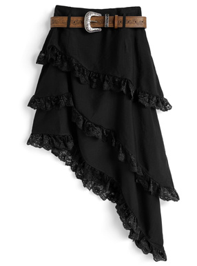インパン裏地・ベルト付きアシンメトリーレースティアードスカート