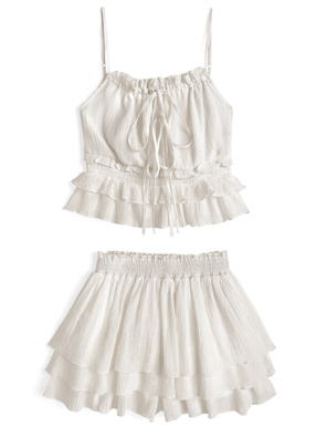 リボンティアードキャミソール×ティアードミニスカートパンツセットアップ