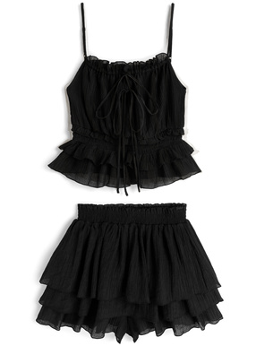 リボンティアードキャミソール×ティアードミニスカートパンツセットアップ