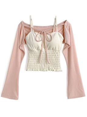 カップ付きシャーリングキャミソール×ショート丈ボレロベロアアンサンブル