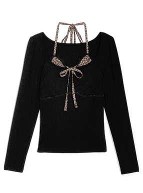 レオパード柄レイヤード風ホルターネックリブトップス