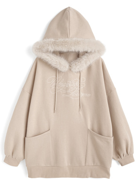 ファーフードロゴ刺繍スウェットトップス