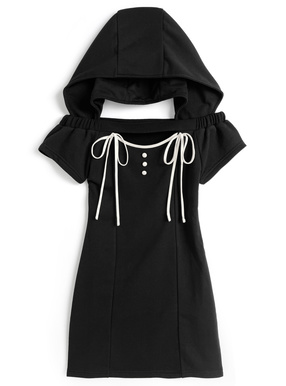 フード付きオフショルダーフロントオープンリボンスウェットミニワンピース
