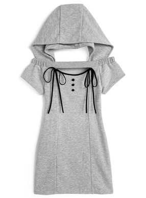 フード付きオフショルダーフロントオープンリボンスウェットミニワンピース