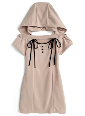 フード付きオフショルダーフロントオープンリボンスウェットミニワンピース