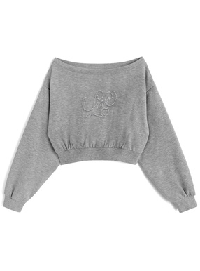 ラインストーンロゴオフショルダースウェットトップス