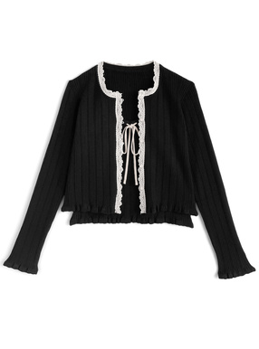 透かし編みレースカーディガン×リボンキャミソールニットアンサンブル