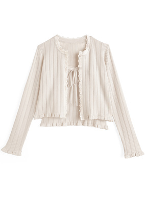 透かし編みレースカーディガン×リボンキャミソールニットアンサンブル