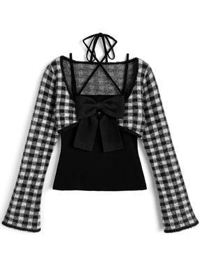 チェック柄シャギーボレロ×ホルタ-ネックリボンキャミソールニットアンサンブル