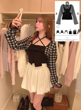 チェック柄シャギーボレロ×ホルタ-ネックリボンキャミソールニットアンサンブル