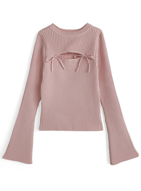 フロントオープンリボンフレアスリーブニットトップス