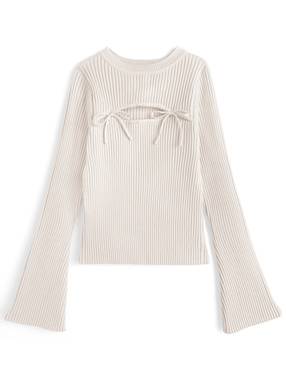 フロントオープンリボンフレアスリーブニットトップス