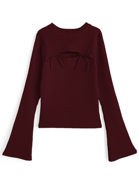 フロントオープンリボンフレアスリーブニットトップス