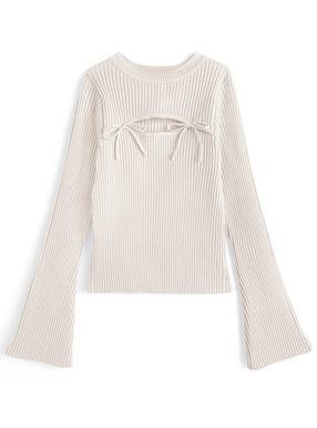 フロントオープンリボンフレアスリーブニットトップス