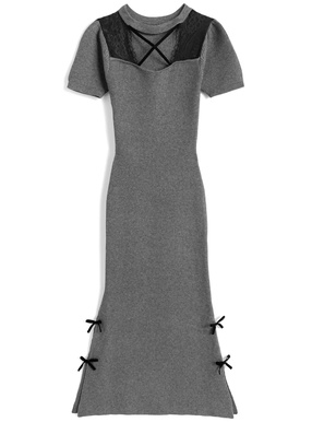 クロスネックレースリボンリブニットワンピース