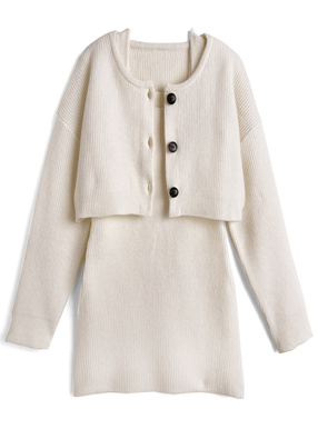 ニットカーディガン×ノースリーブミニワンピースセットアップ