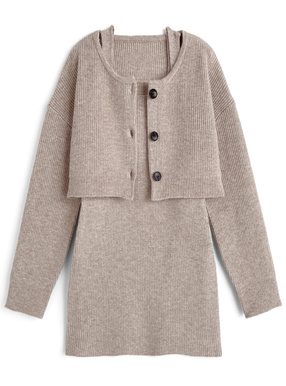 ニットカーディガン×ノースリーブミニワンピースセットアップ