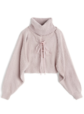 レースアップタートルネックトップス×ボレロシャギーニットアンサンブル