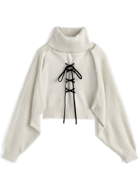 レースアップタートルネックトップス×ボレロシャギーニットアンサンブル