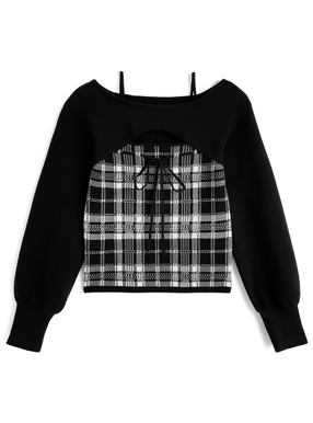オフショルダーリボンチェックニットトップス
