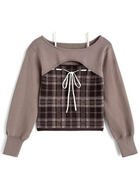 オフショルダーリボンチェックニットトップス
