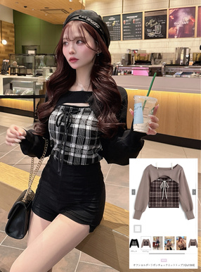 オフショルダーリボンチェックニットトップス