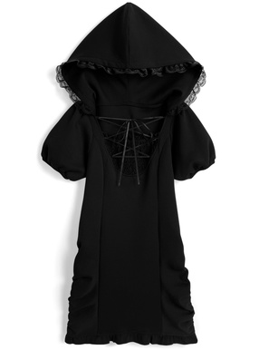 フード付きレースアップミニワンピース