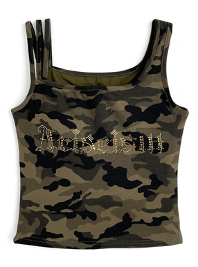 カップ付きカモフラージュ柄ラインストーンロゴアシメタンクトップ