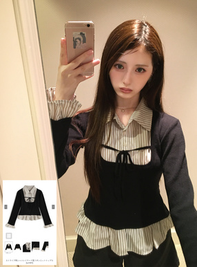 ストライプ柄シャツレイヤード風リボンニットトップス