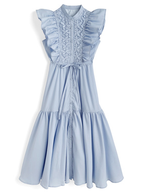 リボンベルト付きレースフリルスリーブワンピース