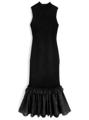 シアーチェック柄ドッキングノースリーブニットワンピース