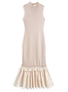 シアーチェック柄ドッキングノースリーブニットワンピース