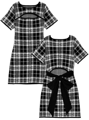 チェック柄フロントオープンバックリボンニットミニワンピース