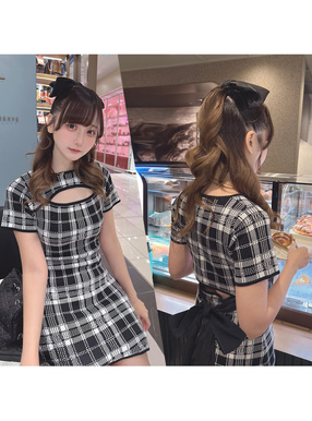 チェック柄フロントオープンバックリボンニットミニワンピース